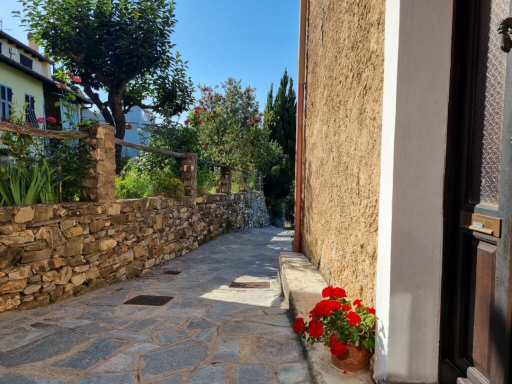 Steinweg am Ferienhaus mit Blick zum Garten