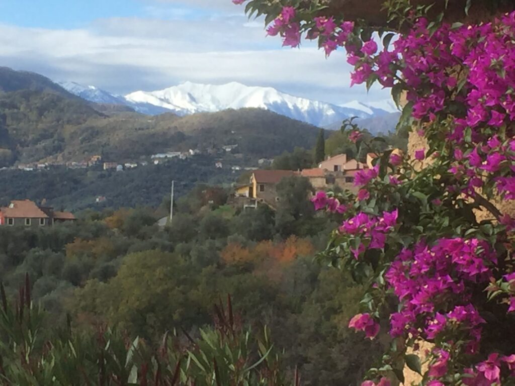 Weiter Blick über die grüne ligurische Berglandschaft