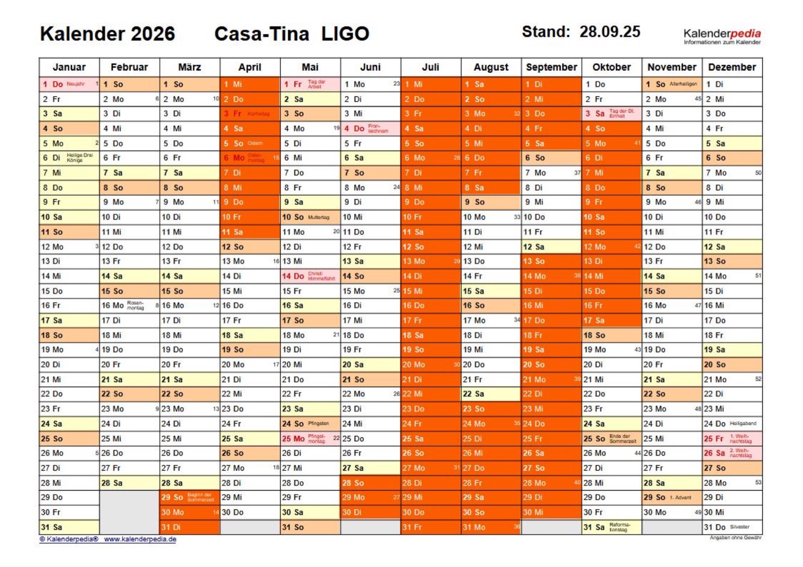 Belegungskalender von Casa Tina für 2026